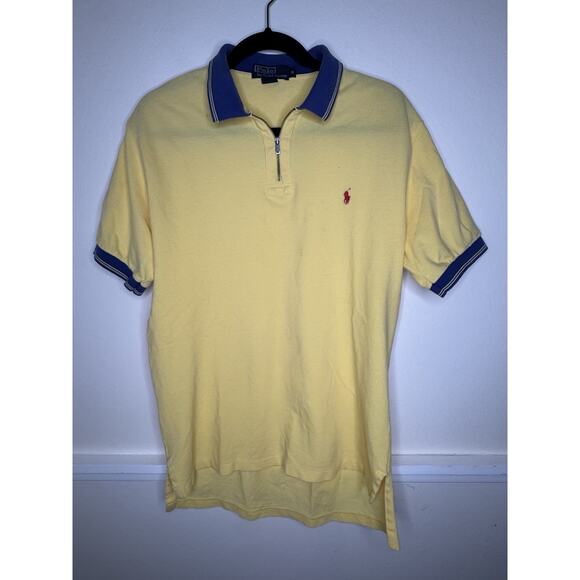 Ralph Lauren 1/4 Zip Polo Short Sleeve Classic Fit Shirt Yellow Blue golf prep M - Picture 1 of 7
